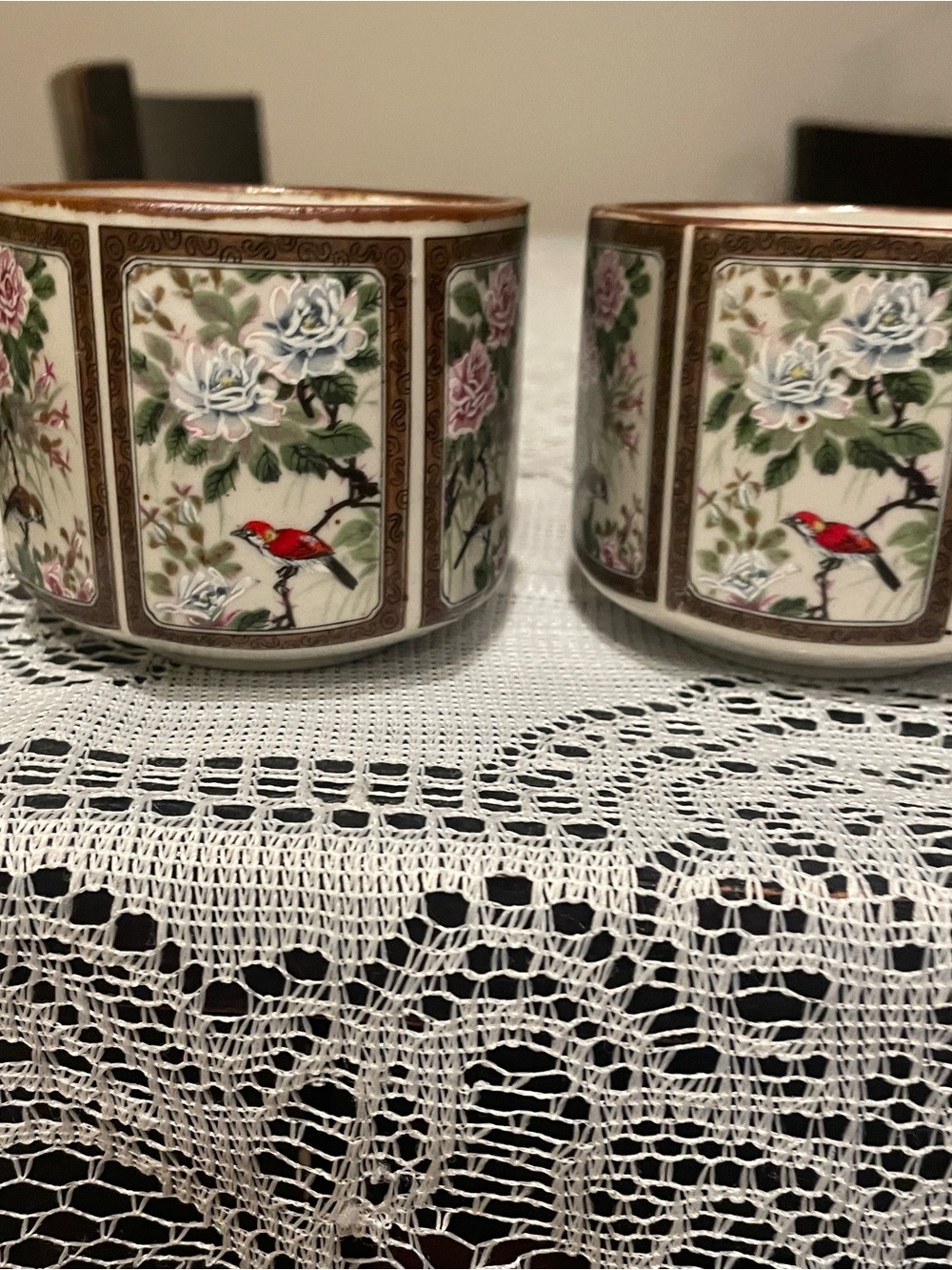 Andrea By Sadek Porcelain Cups with Red Bird and Floral Panels
